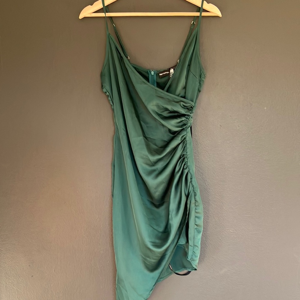 Pretty Little Thing Green Satin Wrap Slip Dress